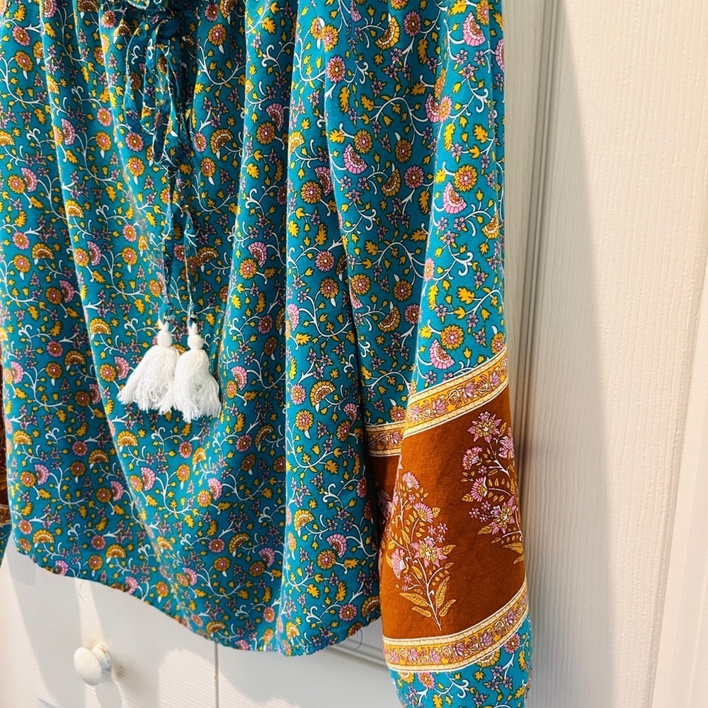 Boho Teal Floral Peasant Blouse Tassel Tie Rust Border Sleeves Size M - Picture 6 of 7
